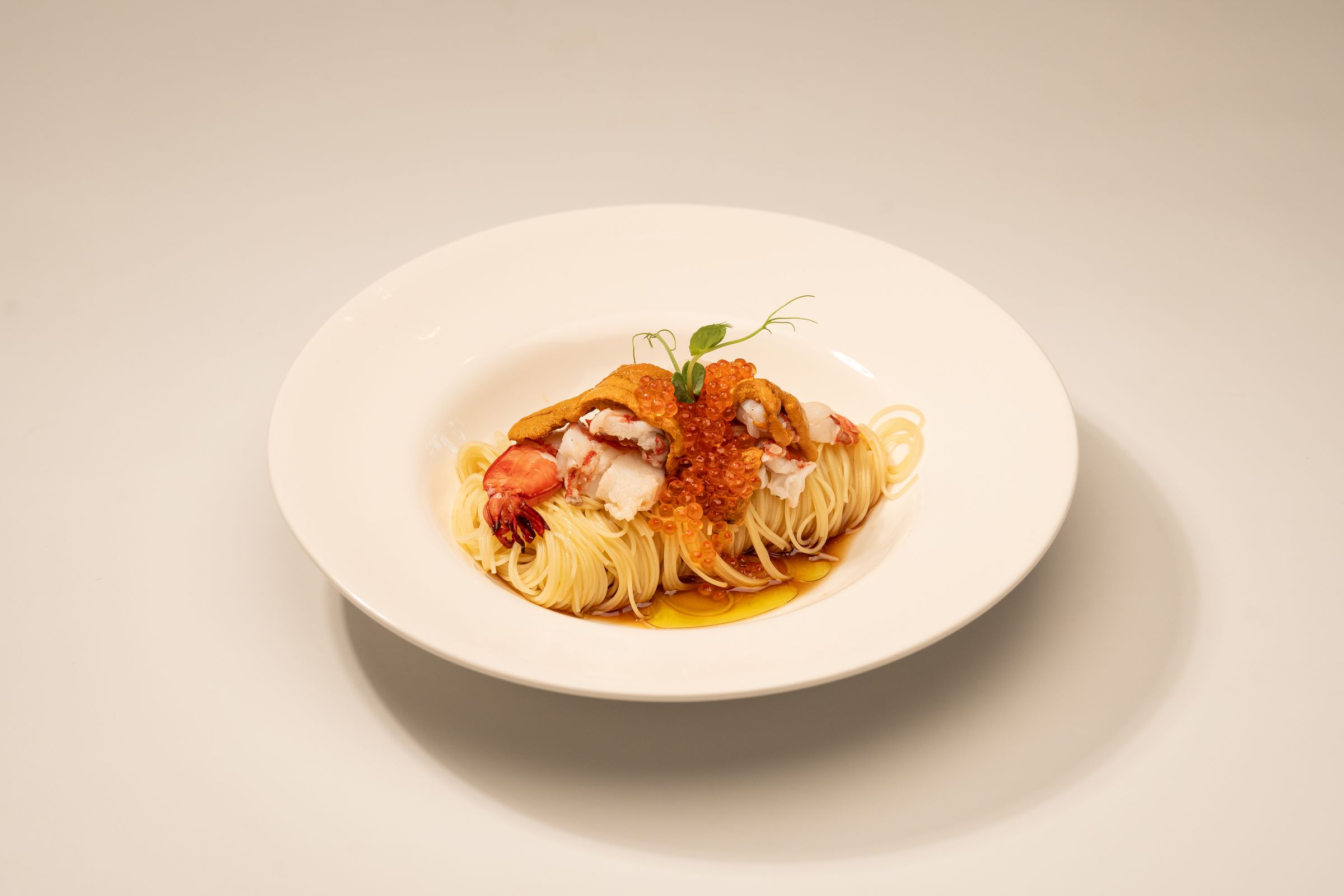 Chilled Cold Capelini Pasta topped with sea urchin, caviar and Hokkaido scallop at La Stellar Maison in Bangsar